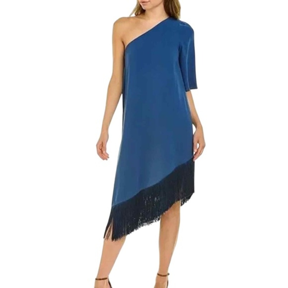 Trina Turk One Shoulder Gull blue Party Fringe flapper Dress size medium new